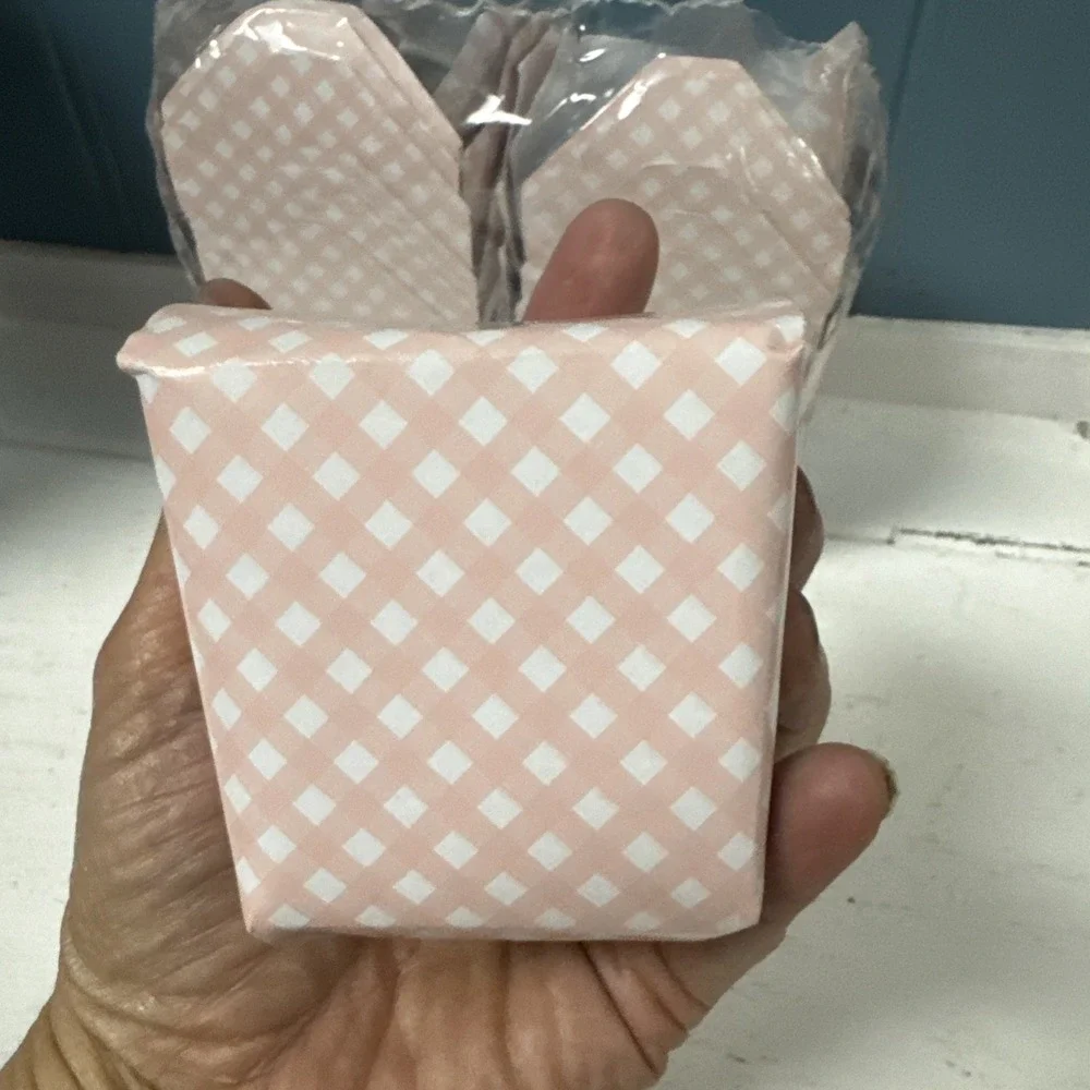 12 Mini Take Out Boxes Gingham Pink White Check W/ Rope Handle Goody Party Favor